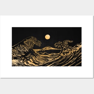 Hokusai wave gold line Posters and Art